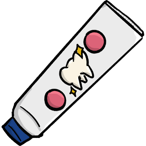 a white tube of toothepaste with a blue lid, a tooth with sparkles around it, and two bubblegum bubbled
